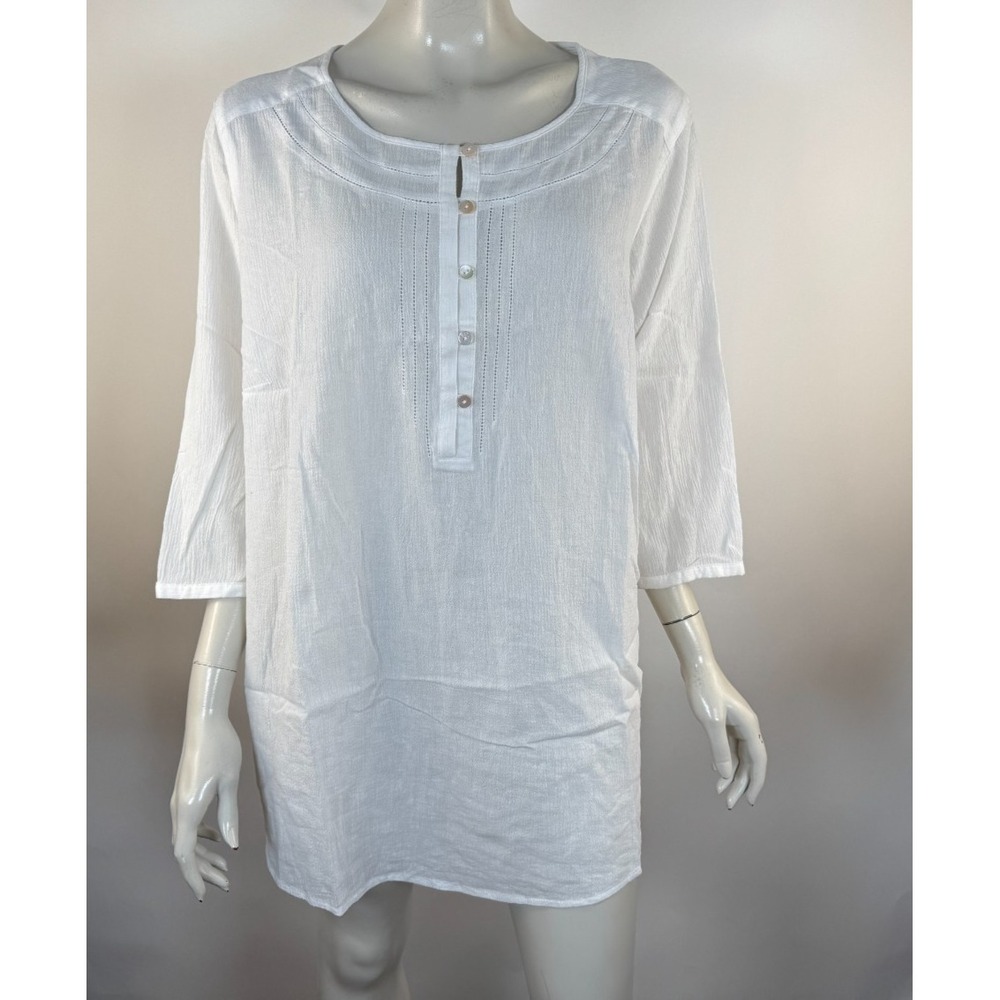 J Jill Cotton Tunic Top Women 2X EUC 3/4 Sleeve Lightweight Round Neck Crinkle